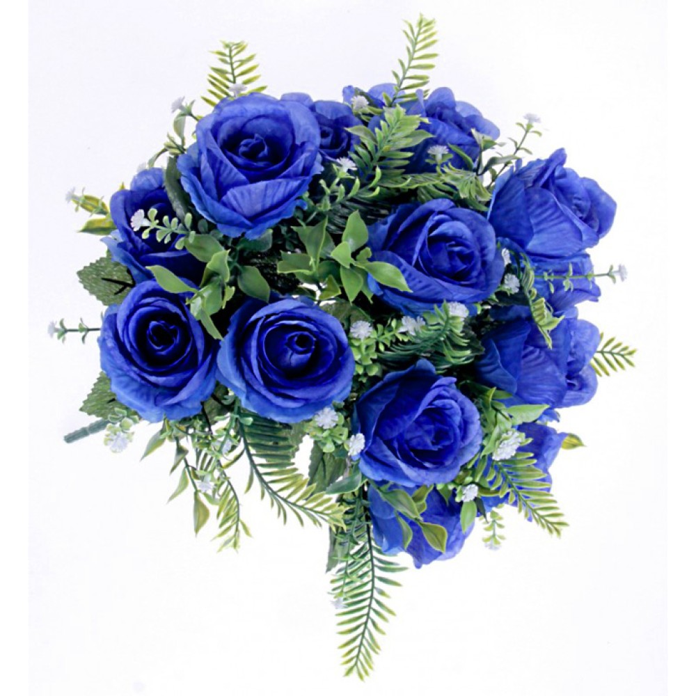 Artificial Roses Bush with Gypsophila Blue 42cm Artificial Flowers